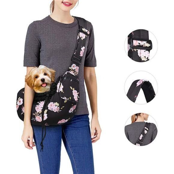 Dog Cat Sling Carrier, Pet Tote Bag Hands Free Adjustable Floral Black Pink - Picture 11 of 16